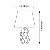 Endon Caldford table lamp dimension diagram showing 32cm shade diameter and 60.5cm height with tapered shade and leaf-detailed ceramic base.