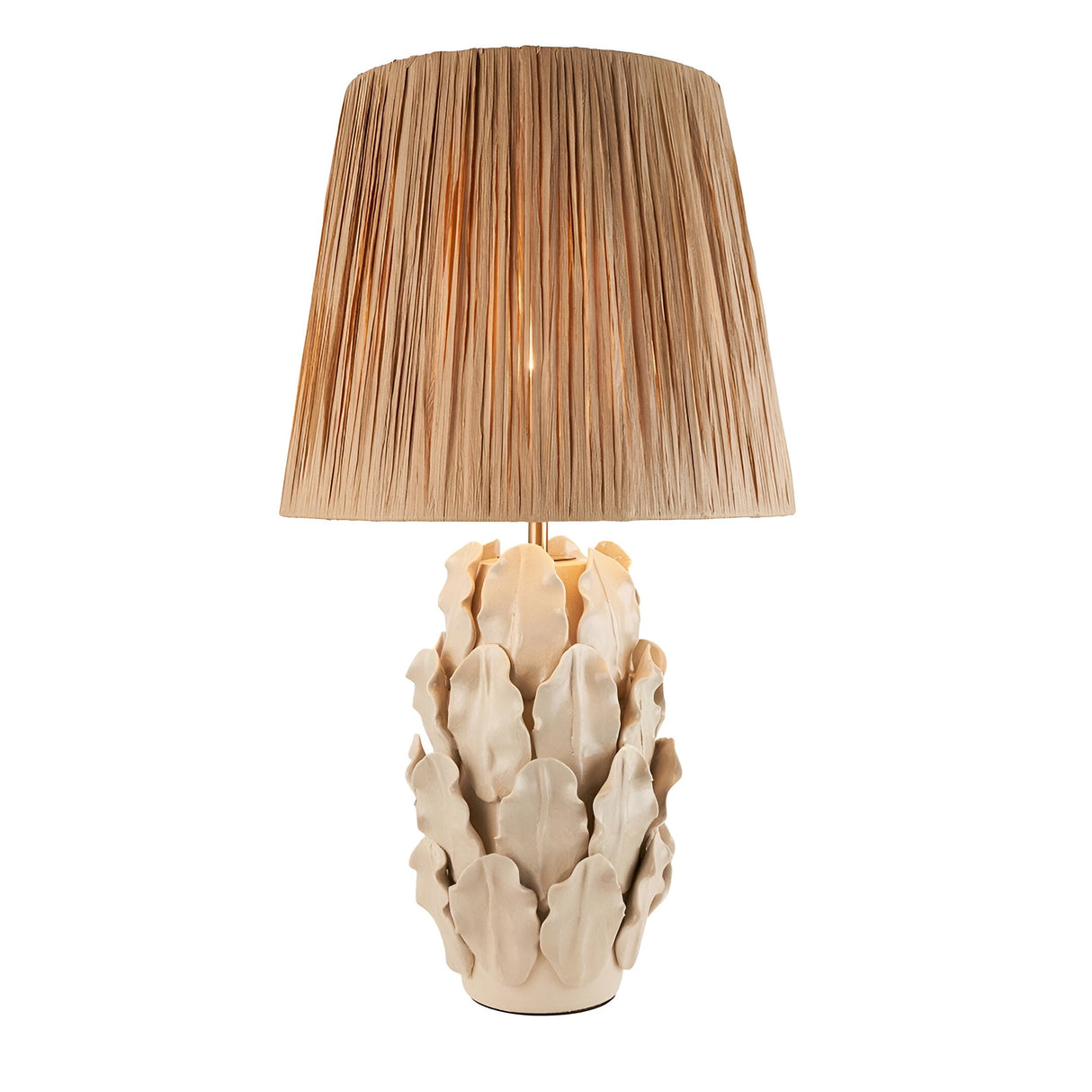Endon Caldford table lamp with ivory crackle-glazed ceramic leaf base and 32cm tapered natural raffia shade in beige, on a white background.