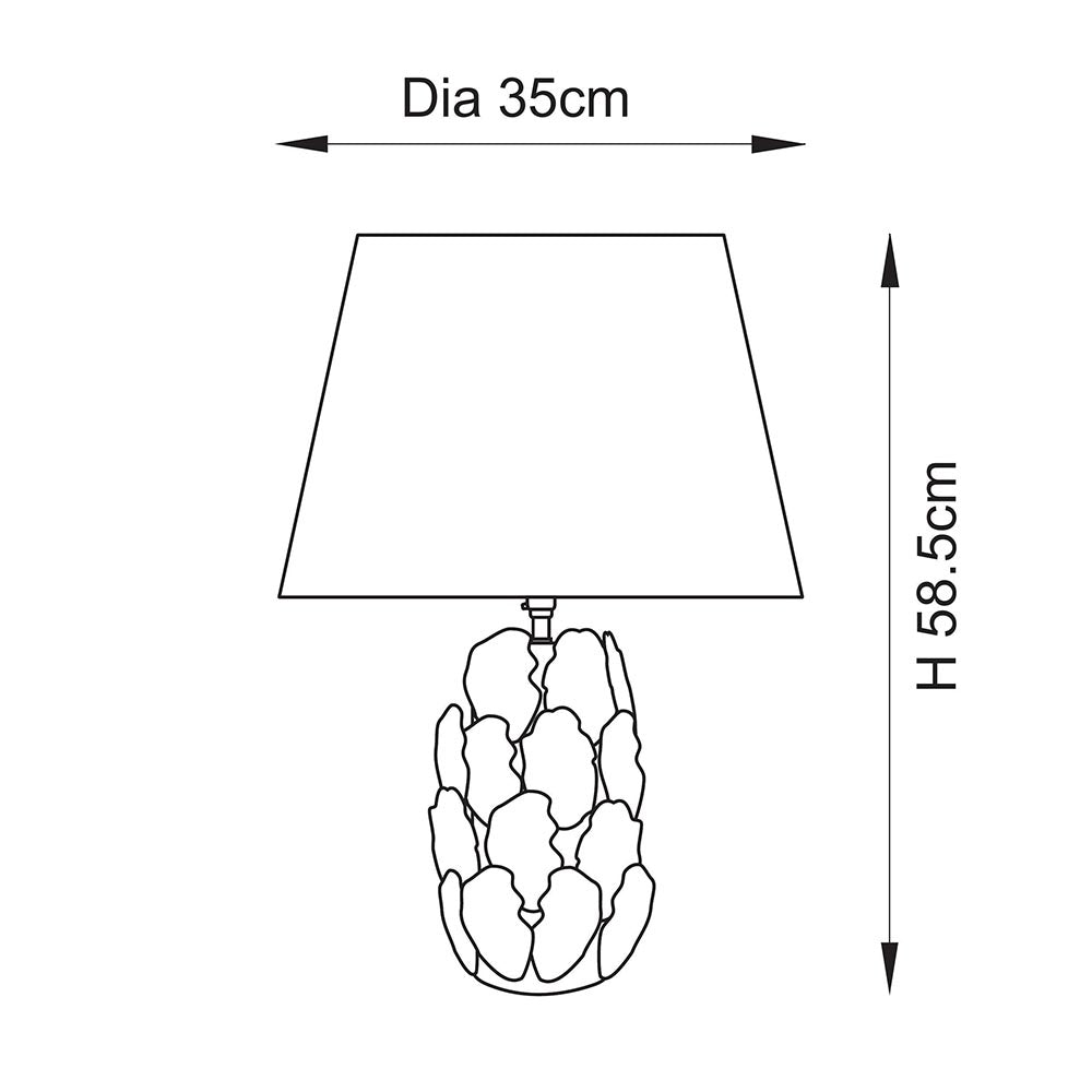 Endon Caldford Ikat dimension diagram showing the table lamp with sculpted leaf ceramic base and tapered shade, marked Dia 35cm and H 58.5cm.