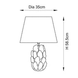 Endon Caldford Ikat dimension diagram showing the table lamp with sculpted leaf ceramic base and tapered shade, marked Dia 35cm and H 58.5cm.