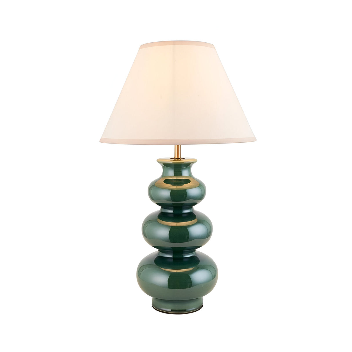 Carlstead Ivy Table Lamp in glossy green ceramic with tiered gourd-shaped base, brass fittings, and an ivory cotton-mix Ivy shade, shown on a white background.