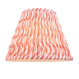 Cliffstead Table Lamp shade in pink and white wavy stripe pattern with taped edge trim, gathered faux linen fabric, shown on a plain white background.