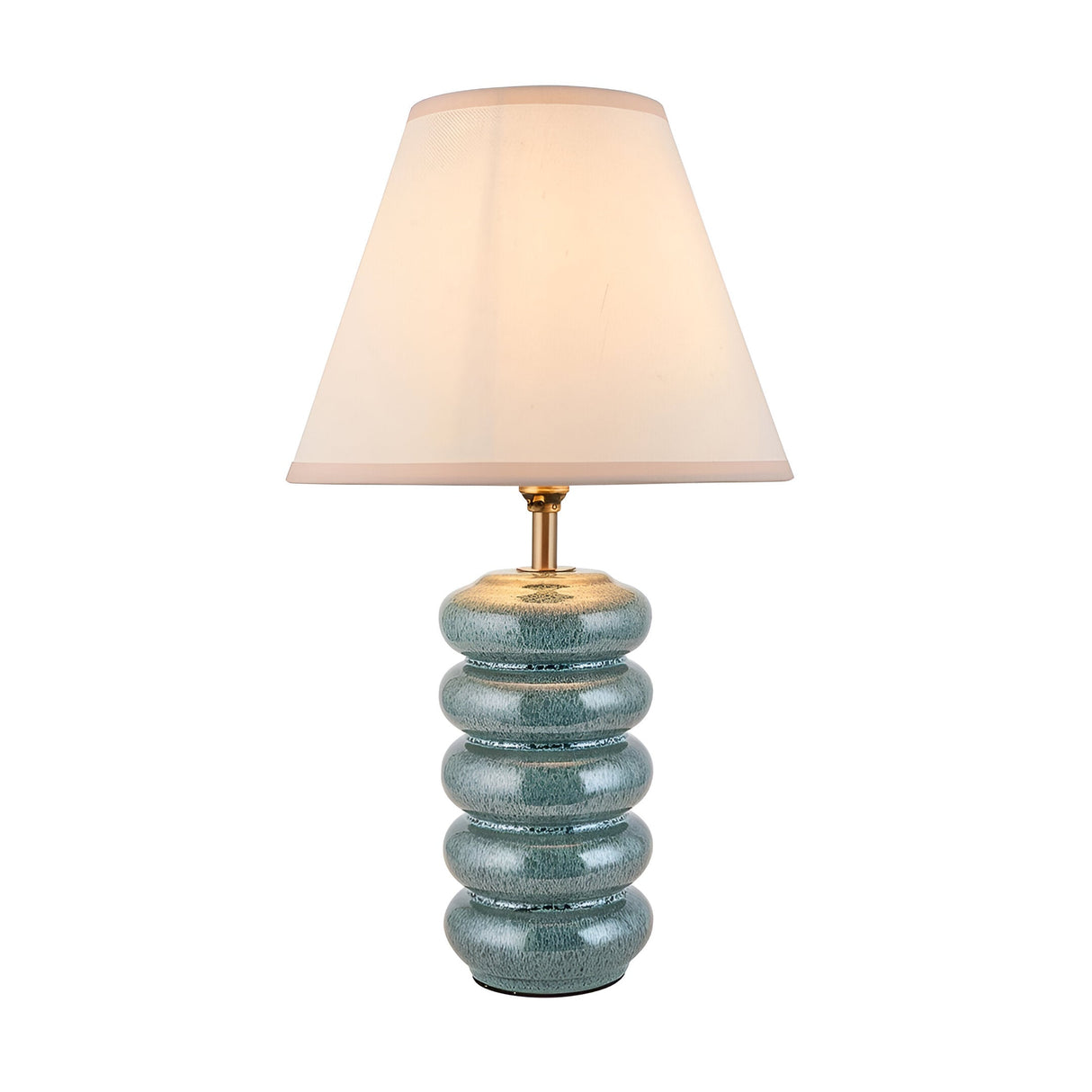 Endon Cliffstead table lamp with a stacked ceramic base in ocean spray blue-green glaze, aged brass stem, and tapered ivory shade on a white background.