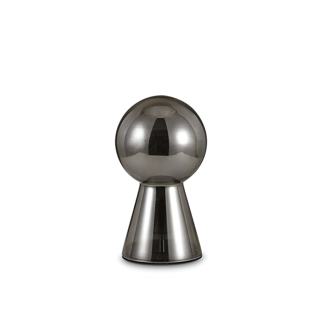 The Mars Small Table Lamp in grey, featuring a shiny, futuristic design with a spherical top and chromed metal base, is displayed against a plain white background.