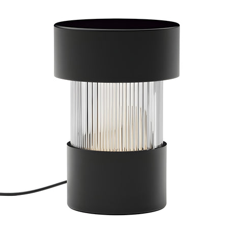 Balise Cylinder Ribbed Glass Lantern table lamp in matt black, with ribbed glass centre between two iron bands, shown on a plain white background.