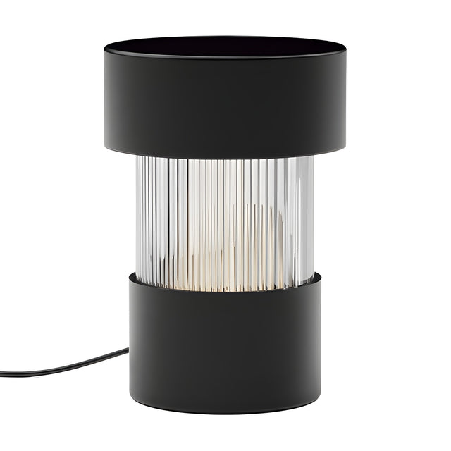Balise Cylinder Ribbed Glass Lantern table lamp in matt black, with ribbed glass centre between two iron bands, shown on a plain white background.