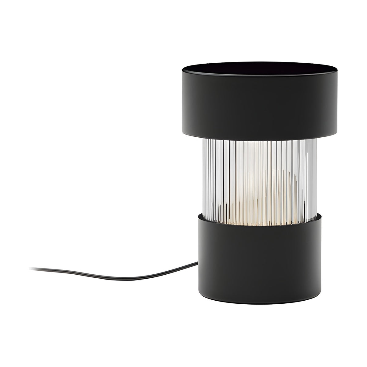 Balise Cylinder Ribbed Glass Lantern Table Lamp in matt black, with a ribbed glass cylinder between two black iron bands, shown lit against a plain white background.