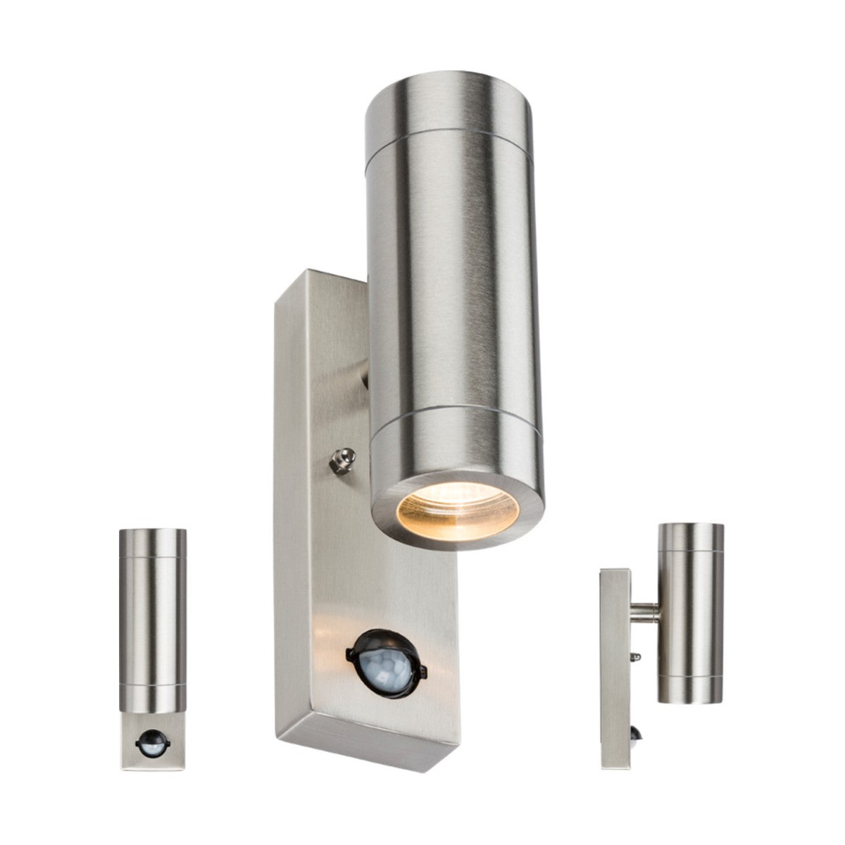 The Stainless Steel Up/Down Wall Light With PIR boasts a sleek cylindrical design in stainless steel, featuring a PIR motion sensor at its base. It displays from three angles and emits a warm glow from the front.