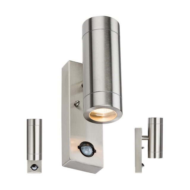 The Stainless Steel Up/Down Wall Light With PIR boasts a sleek cylindrical design in stainless steel, featuring a PIR motion sensor at its base. It displays from three angles and emits a warm glow from the front.