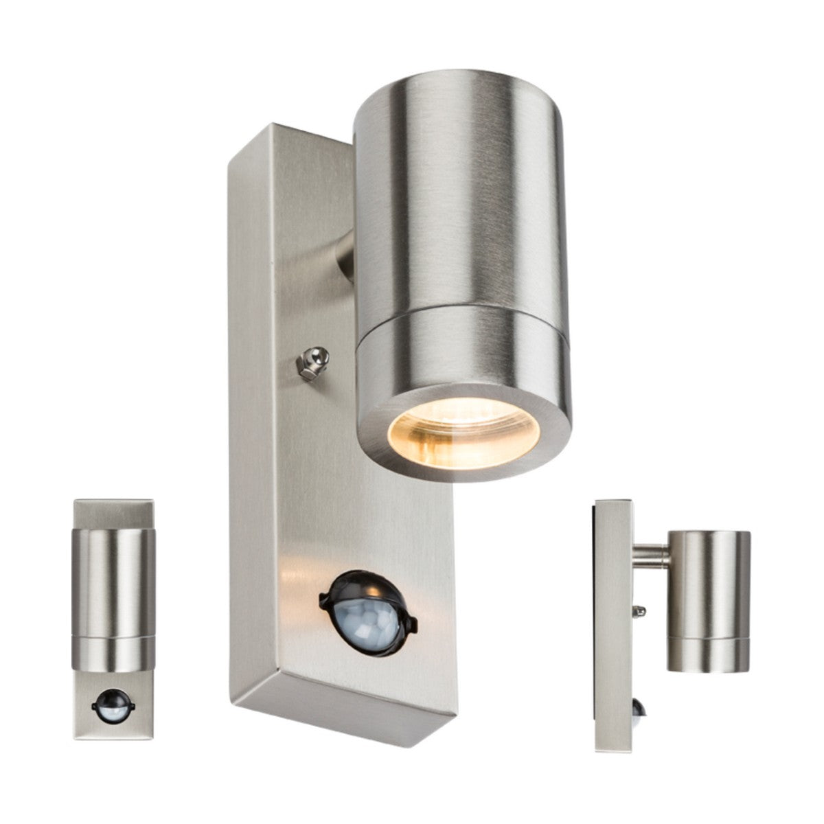 This GU10 Stainless Steel Wall Light With PIR showcases a modern cylindrical design in brushed metal and includes a PIR motion sensor at the base. The light is displayed from both front and side views, making it an ideal choice for contemporary indoor or outdoor lighting needs.