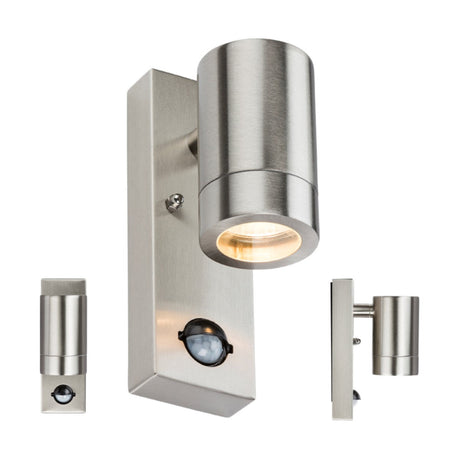 This GU10 Stainless Steel Wall Light With PIR showcases a modern cylindrical design in brushed metal and includes a PIR motion sensor at the base. The light is displayed from both front and side views, making it an ideal choice for contemporary indoor or outdoor lighting needs.