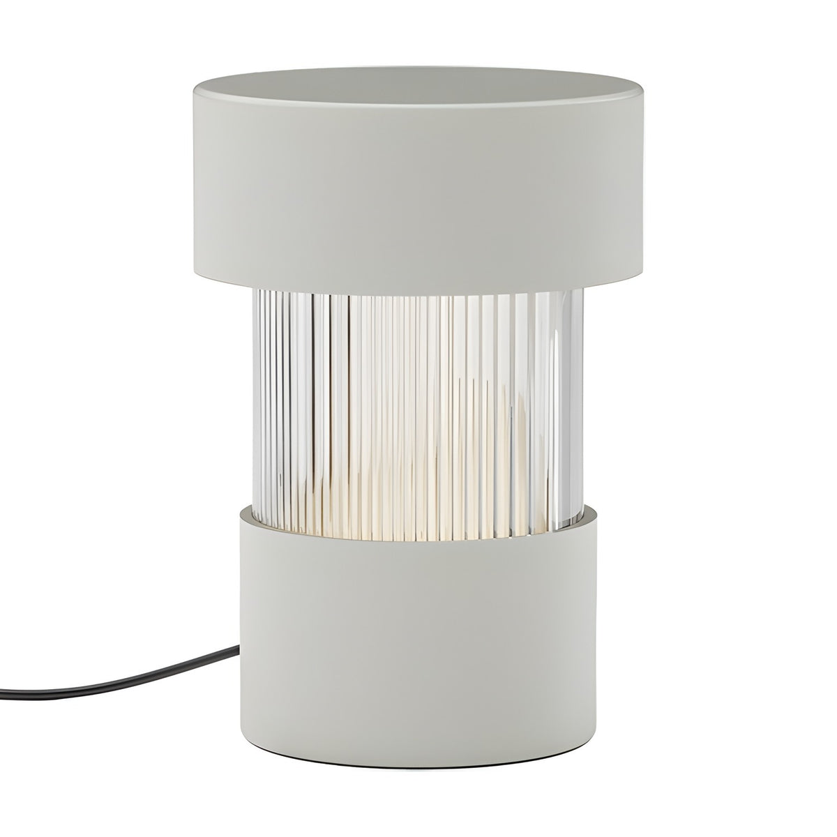 Balise Cylinder Ribbed Glass Lantern Table Lamp in matt white, with iron cap and base framing a fluted glass centre band, shown on a plain white background.