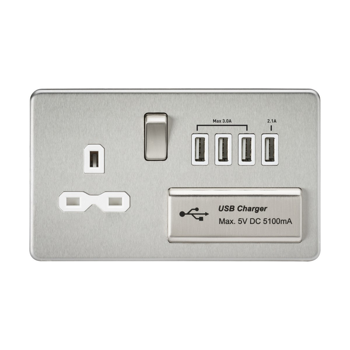 13A Switched Socket with Quad USB-A (5V DC 5.1A shared) - Brushed Chrome with White Insert