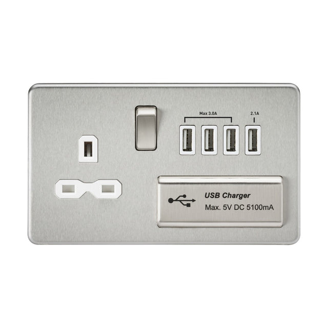 13A Switched Socket with Quad USB-A (5V DC 5.1A shared) - Brushed Chrome with White Insert
