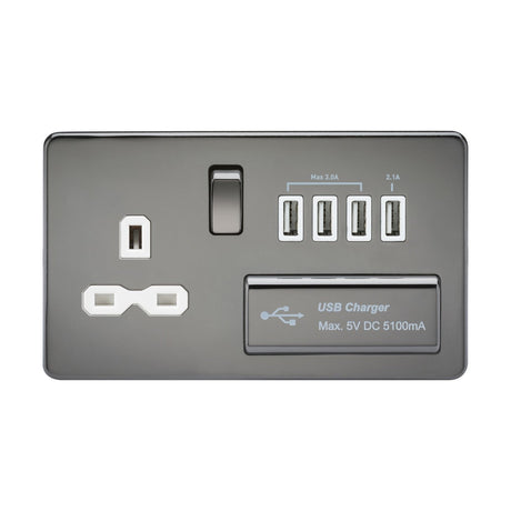 13A Switched Socket with Quad USB-A (5V DC 5.1A shared) - Black Nickel with White Insert