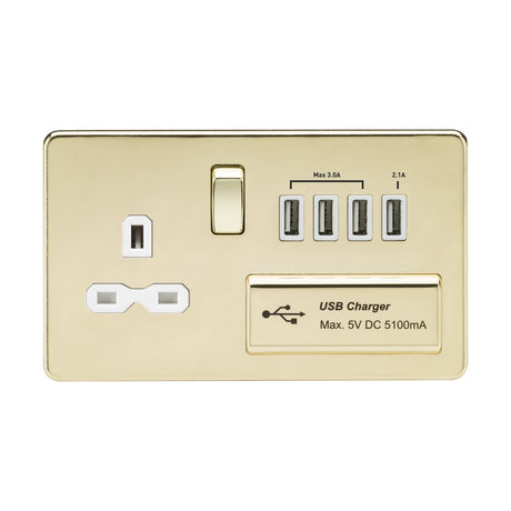 13A Switched Socket with Quad USB-A (5V DC 5.1A shared) - Polished Brass with White Insert