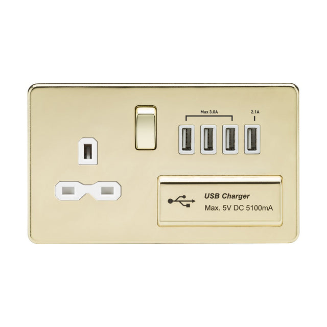 13A Switched Socket with Quad USB-A (5V DC 5.1A shared) - Polished Brass with White Insert