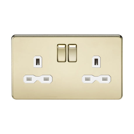 The 13A 2 Gang DP Switched Socket with Twin Earths in polished brass offers a modern, sleek look with a screwless design and white inserts. It features two switches above each three-pin outlet ensuring seamless functionality.