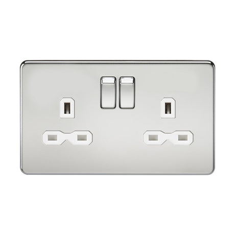 The 13A 2 Gang DP Switched Socket with Twin Earths showcases a screwless design and polished chrome finish, featuring double pole switches and two three-pin outlets, complemented by a white insert.