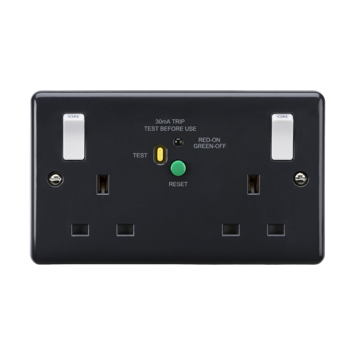 The 13A 2 Gang DP RCD Switched Socket with Outboard Rockers (Type-A) [Part M Compliant] from the Curved Edge range, featuring a dark finish and anti-microbial properties, includes two switches along with a central green and yellow button labeled Test and Reset. It also features a label indicating 30mA Trip and Test Before Use, making it an ideal addition to modern wiring accessories collections.