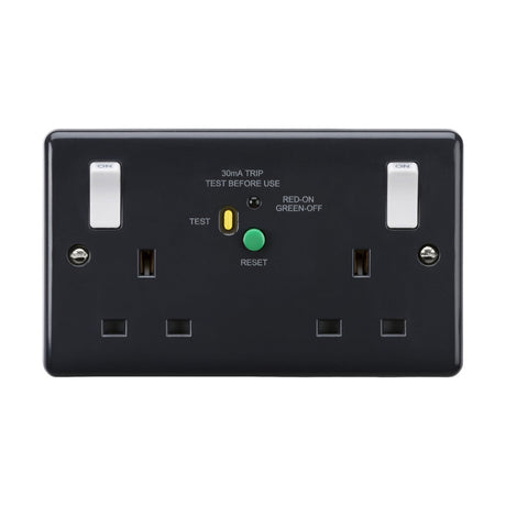 The 13A 2 Gang DP RCD Switched Socket with Outboard Rockers (Type-A) [Part M Compliant] from the Curved Edge range, featuring a dark finish and anti-microbial properties, includes two switches along with a central green and yellow button labeled Test and Reset. It also features a label indicating 30mA Trip and Test Before Use, making it an ideal addition to modern wiring accessories collections.