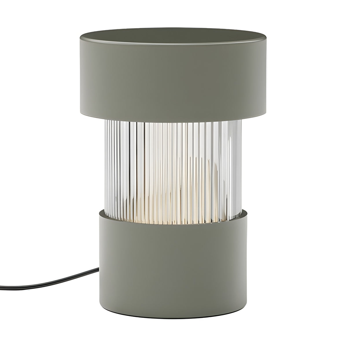 Balise Cylinder Ribbed Glass Lantern Table Lamp in green, with solid iron top and base framing a fluted glass midsection, shown on a plain white background.
