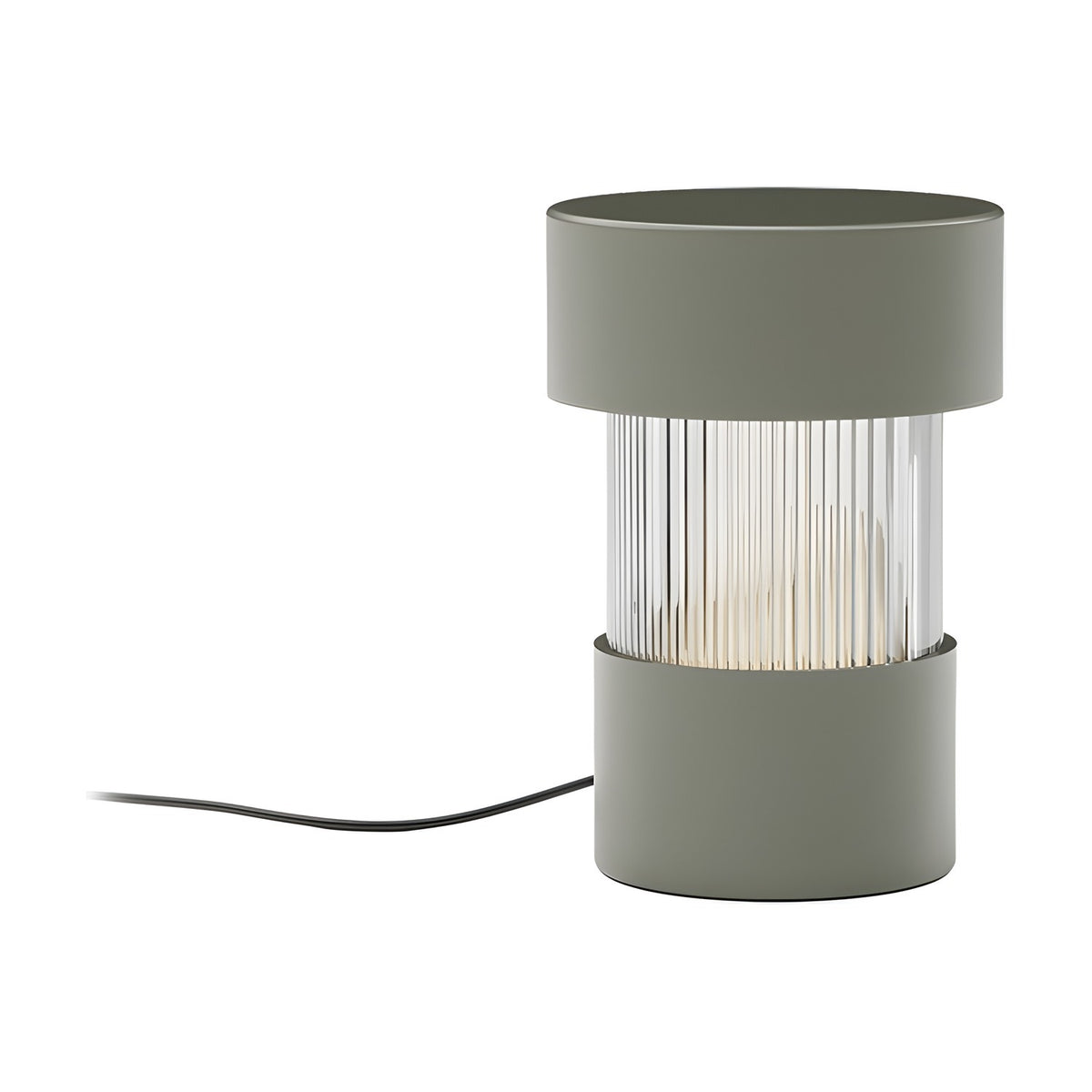 Balise Cylinder Ribbed Glass Lantern Table Lamp in green, with iron top and base framing a fluted glass midsection, shown on a plain white background.
