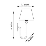 Line drawing of the Cliffleigh Leaf Wall Light showing dimensions: 24cm diameter, 37cm height, 20cm projection, tapered shade on curved brass arm.