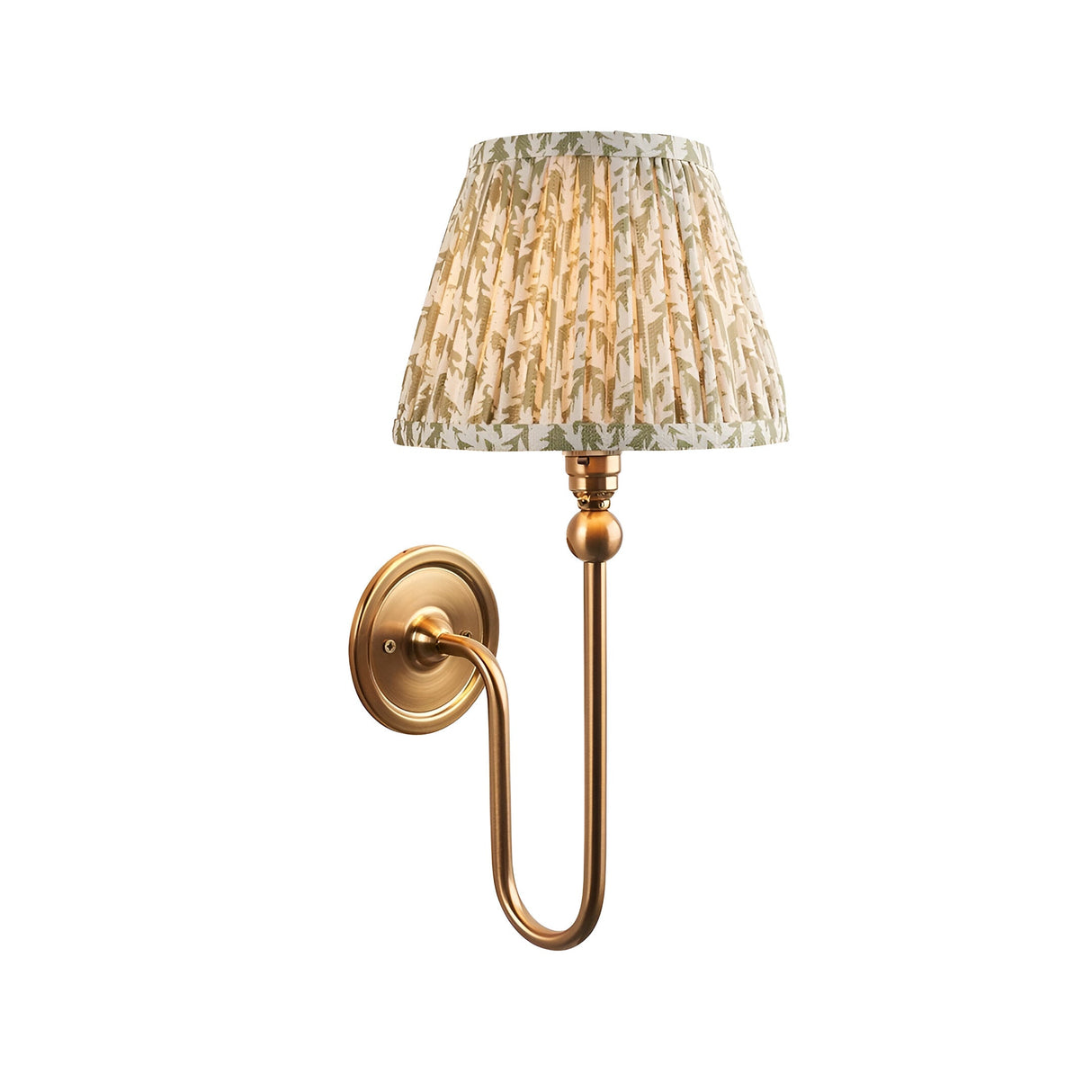 Cliffleigh Leaf Wall Light in antique brass with a pleated green leaf-print fabric shade, shown on a plain white background.