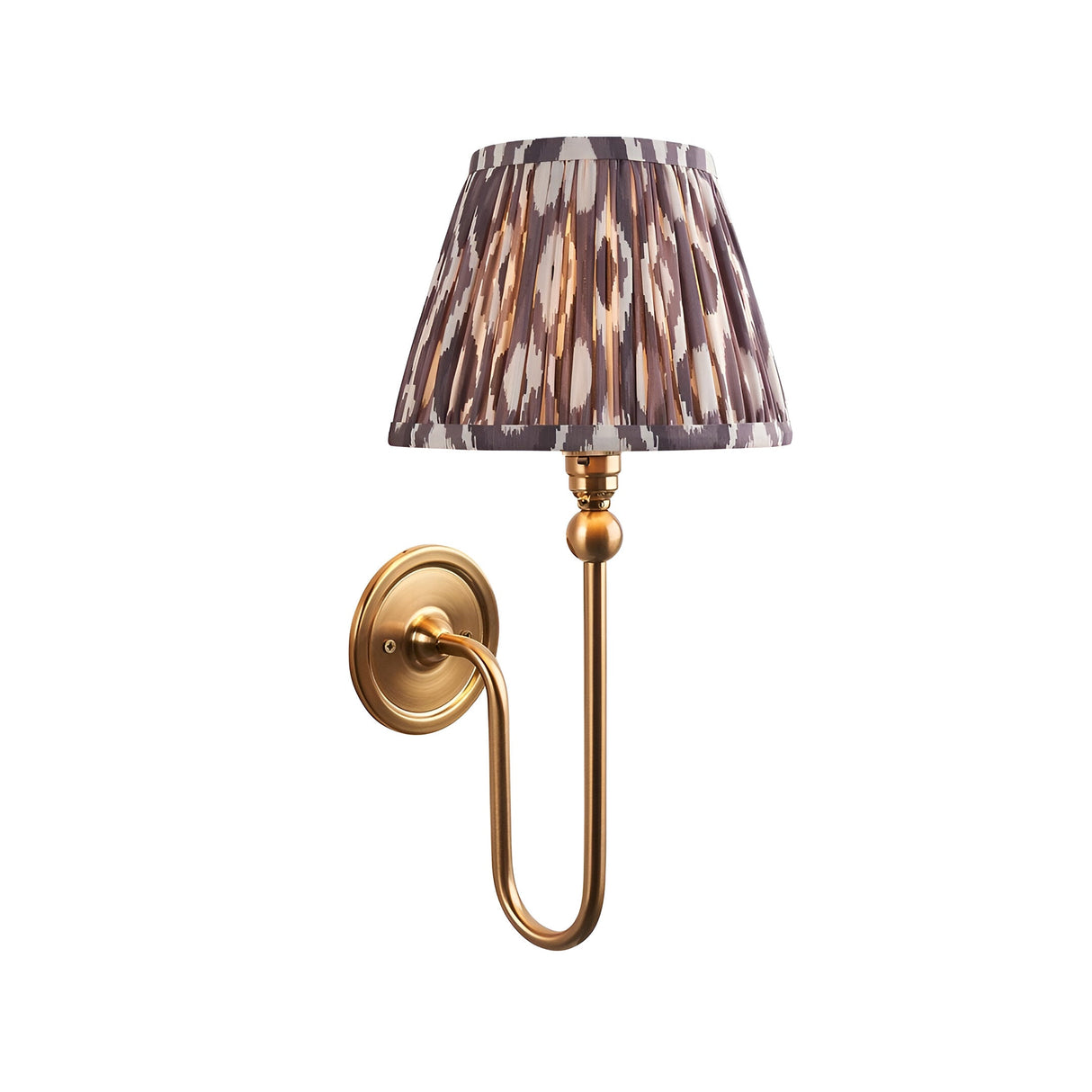Cliffleigh Ikat Wall Light in Dark Grey with a pleated tapered fabric shade on a slim brushed brass arm and round wall backplate, shown on a white background.