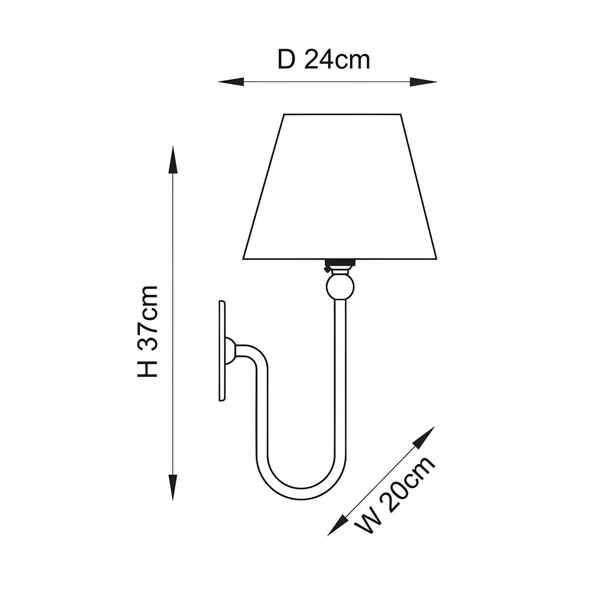 Technical line drawing of the Cliffleigh Wall Light in Ivy, a single-arm wall light with tapered fabric shade, showing dimensions H37cm, D24cm, W20cm.