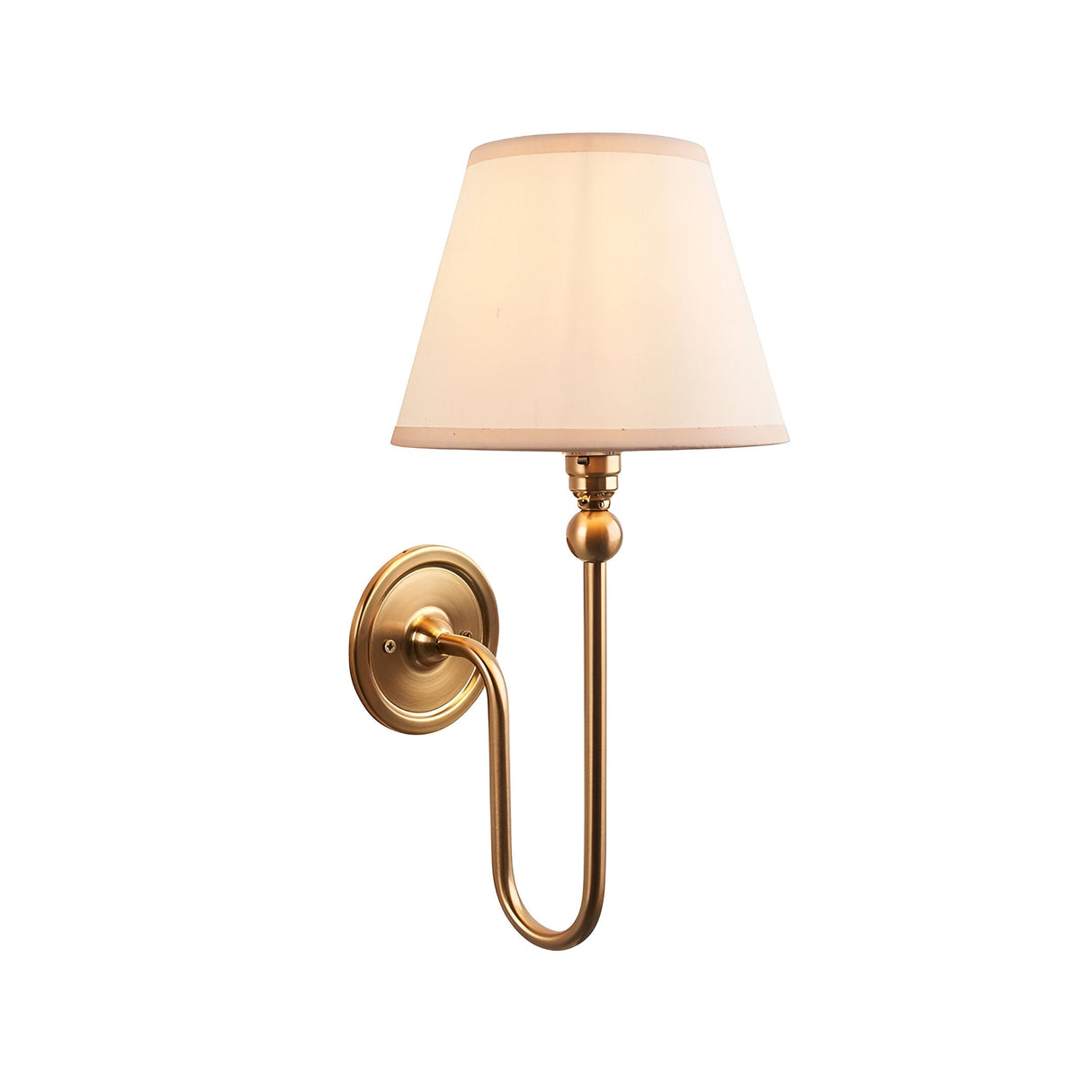 Cliffleigh Wall Light in Ivy, a single-arm wall light with brushed brass fitting and a tapered vintage white fabric shade, shown on a plain white background.