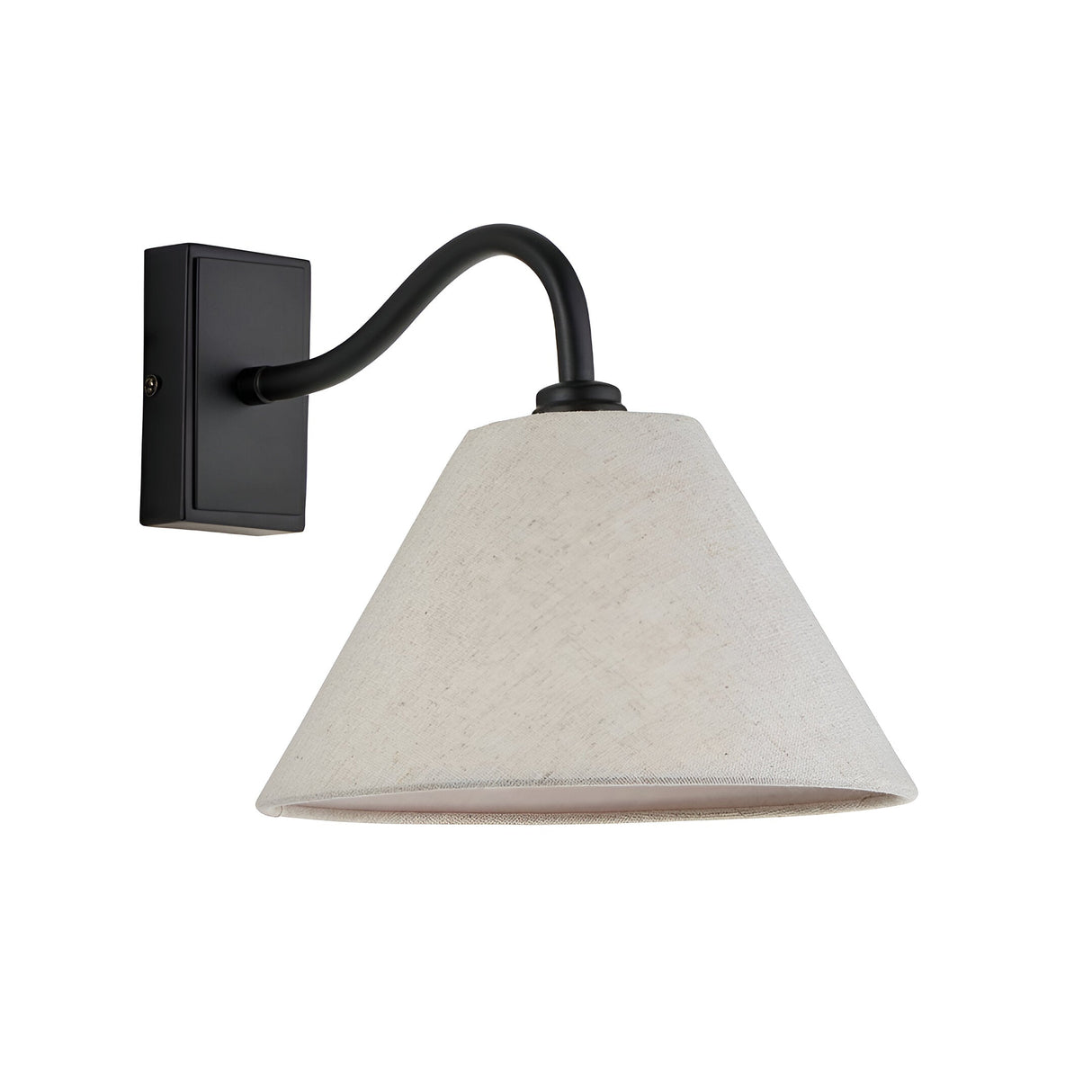 Endon Brockwood wall light with matt black curved arm, rectangular backplate and tapered natural linen shade, shown on a plain white background.