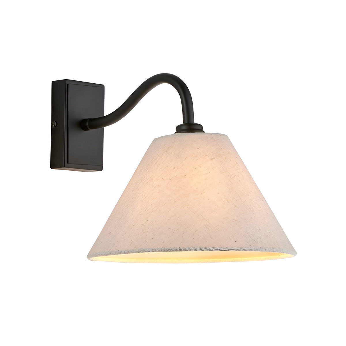 Endon Brockwood wall light with a curved matt black arm and tapered natural linen shade, shown lit on a plain white background.