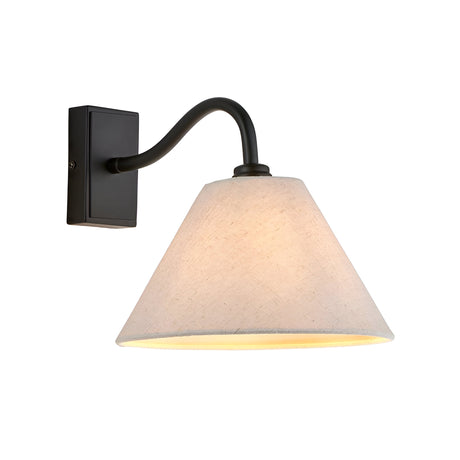 Endon Brockwood wall light with a curved matt black arm and tapered natural linen shade, shown lit on a plain white background.