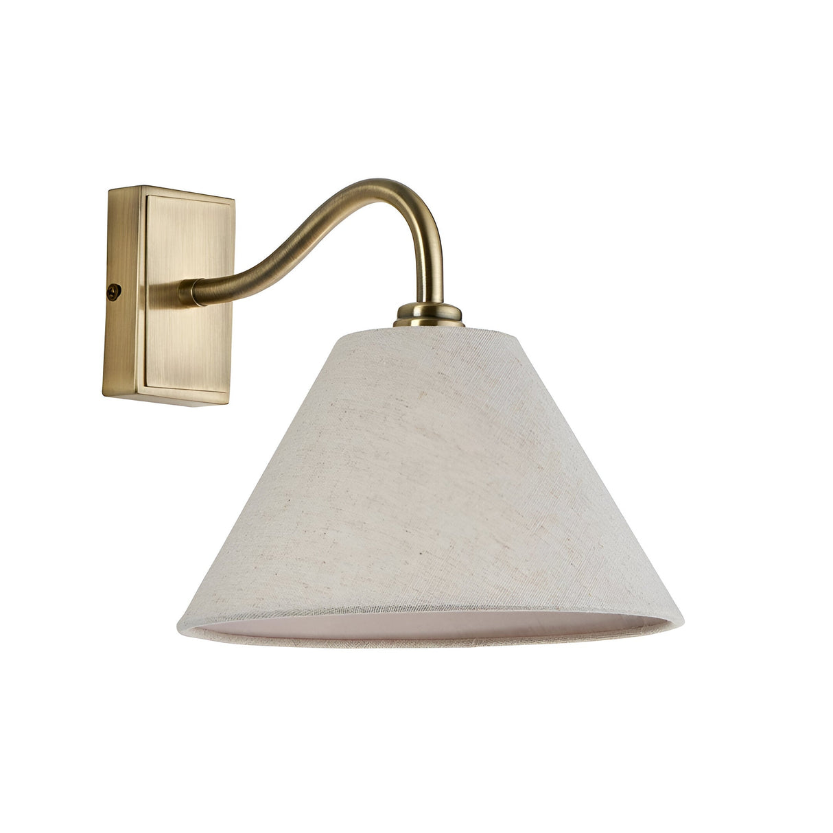 Brockwood Wall Light in Brass & Natural featuring a curved metal arm and tapered natural linen shade, shown on a plain white background.