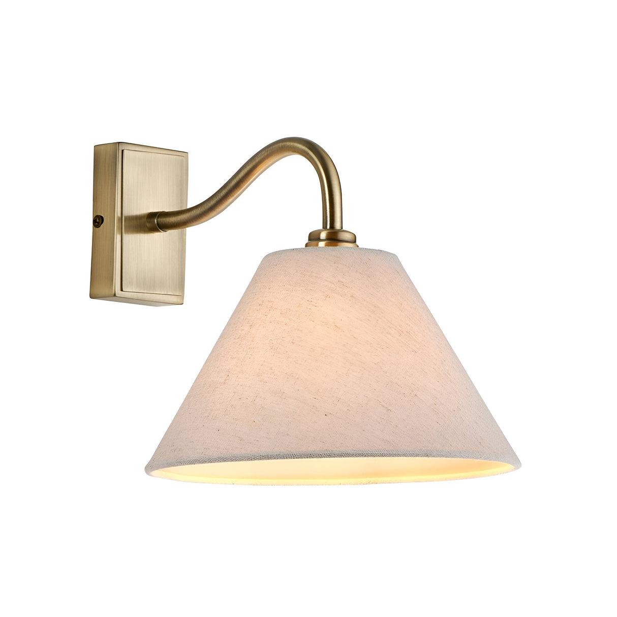 Brockwood Wall Light in Brass & Natural features a curved brass arm and a tapered natural linen shade, shown on a plain white background.