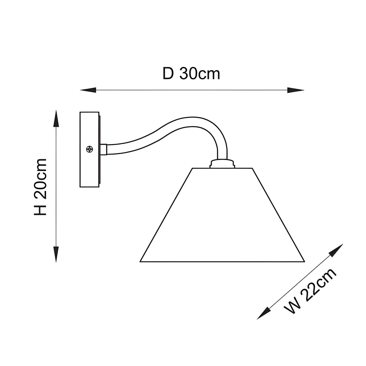 Line drawing of the Brockwood single wall light showing a brass curved arm and tapered fabric shade, with dimensions D30cm, H20cm and W22cm labelled.