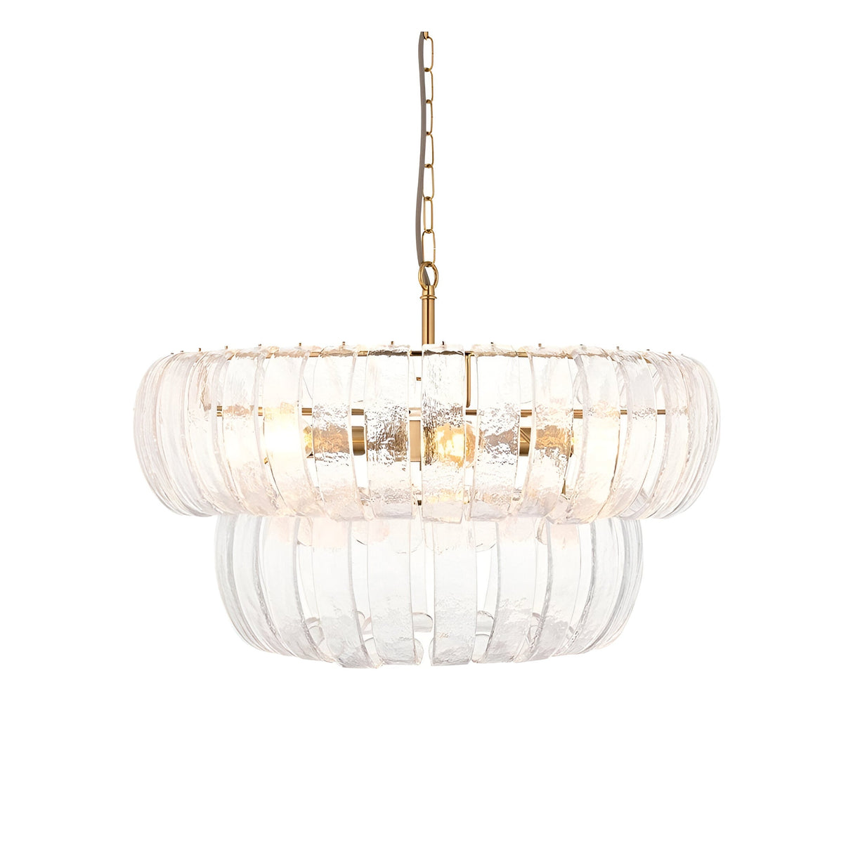 Carlwell 6 Light Pendant in brass, two-tier round fitting with curved clear glass panels, brass chain suspension, on a plain white background.