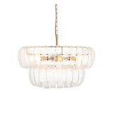 Carlwell 6 Light Pendant in brass, two-tier round fitting with curved clear glass panels, brass chain suspension, on a plain white background.