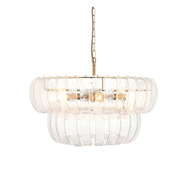 Carlwell 6 Light Pendant in brass, two-tier round fitting with curved clear glass panels, brass chain suspension, on a plain white background.