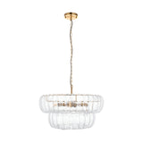 Carlwell 6 Light Pendant in brass, two-tier ribbed clear glass drum shades on a chain suspension, shown against a plain white background.
