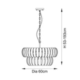 Technical line drawing of the Carlwell 6-Light Pendant in brass with two-tier curved glass rings on a chain, 53-193cm height, 60cm diameter.