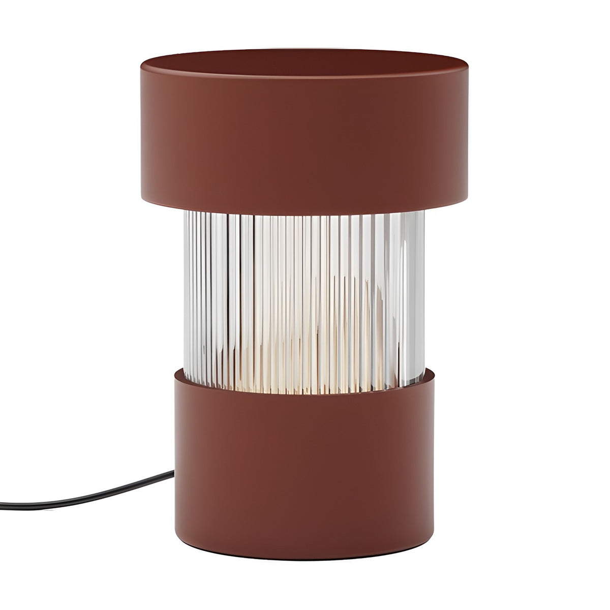 Balise Cylinder Ribbed Glass Lantern table lamp in terracotta, with a fluted glass centre between two iron bands, shown on a plain white background.