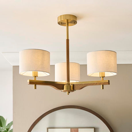 Bramwell 3 Light Oak & Linen Semi-Flush Ceiling Light - Aged Brass