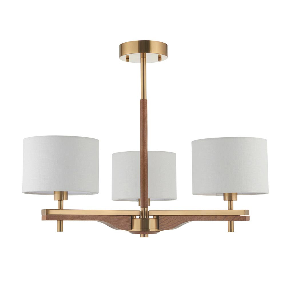 Bramwell 3 Light semi-flush ceiling light with aged brass frame, oak stem detailing and white linen drum shades on a plain white background.
