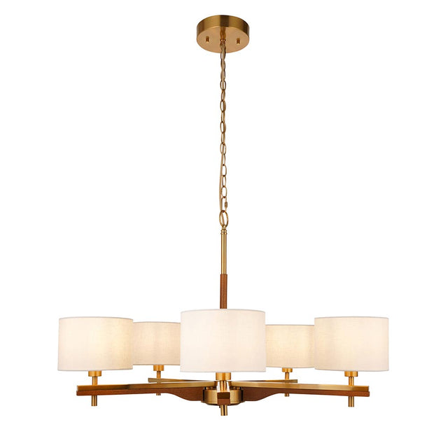 Bramwell 5 Light Pendant with brushed aged brass and oak-stained wood arms, five natural linen cylinder shades, on an adjustable chain, plain white background.