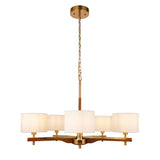 Bramwell 5 Light Pendant with brushed brass frame, wood-toned arms, and natural linen cylinder shades on an adjustable chain, shown on a white background.