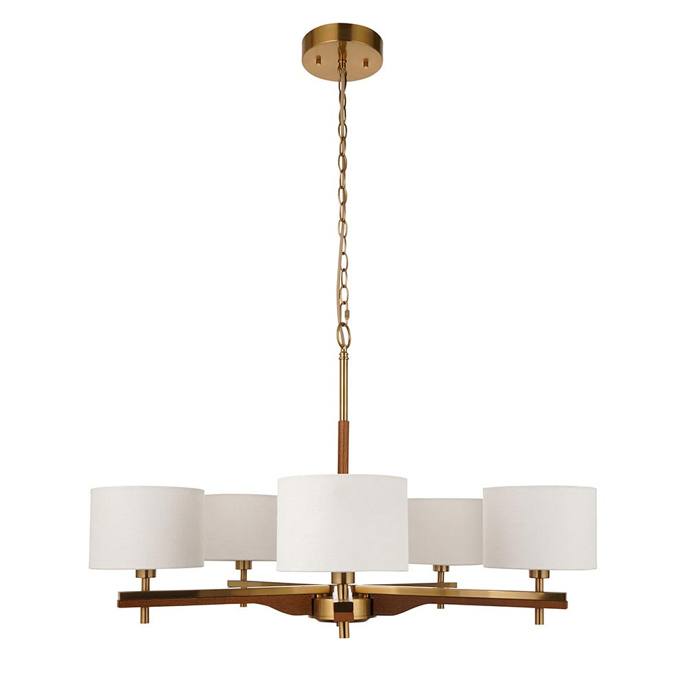 Bramwell 5 Light Pendant with white linen cylinder shades on a wood and brushed brass frame, hung from a brass ceiling rose on a plain white background.