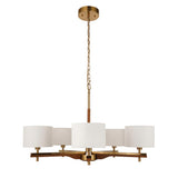 Bramwell 5 Light Pendant with white linen cylinder shades on a wood and brushed brass frame, hung from a brass ceiling rose on a plain white background.